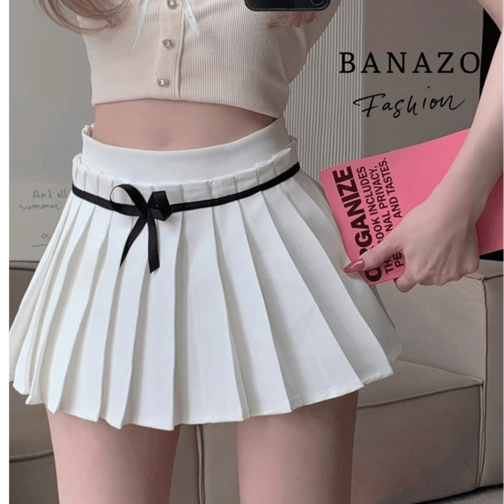 กระโปรงสั้นเอวสูงจีบกระโปรงเข็มขัดโบว์,แฟชั่นเกาหลีหวาน Preppy A-Line Culottes กระโปรงเทนนิส TT820