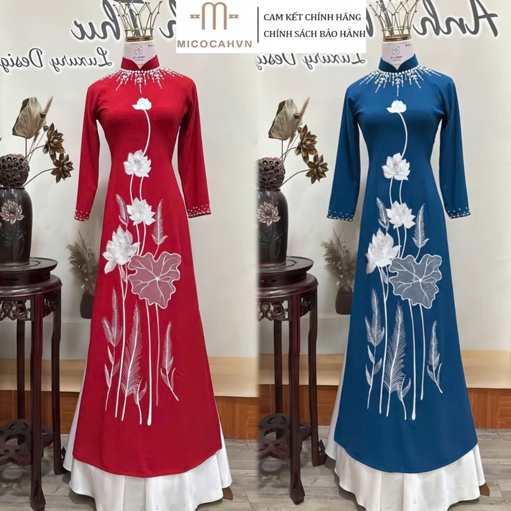 Mothers ao dai ปักลายผ้าไหมมะม่วงแบบดั้งเดิมและคอปกประดับสําหรับสุภาพสตรีและคุณแม่ Dress MC10