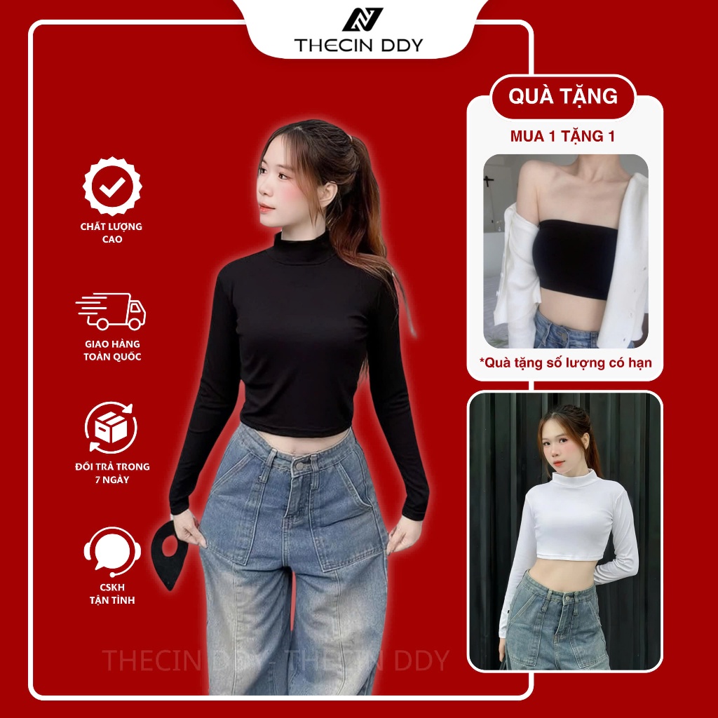 THECIN DDY เสื้อยืดโครเชต์ผู้หญิงแขนยาวคอปก Slim Fit Basic Plain Pattern CRTD-01
