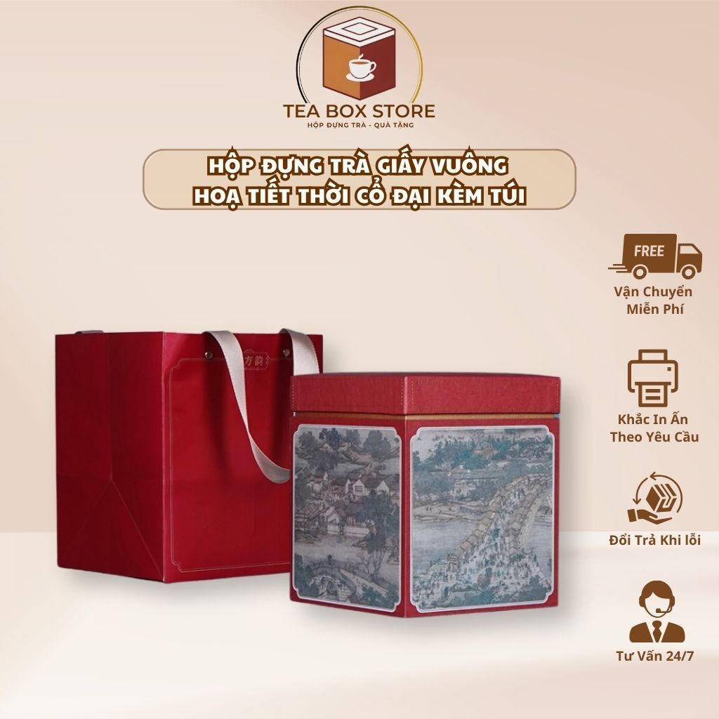 กระดาษสี่เหลี่ยม TEA BOX ลายโบราณและกระเป๋า - TEA BOX