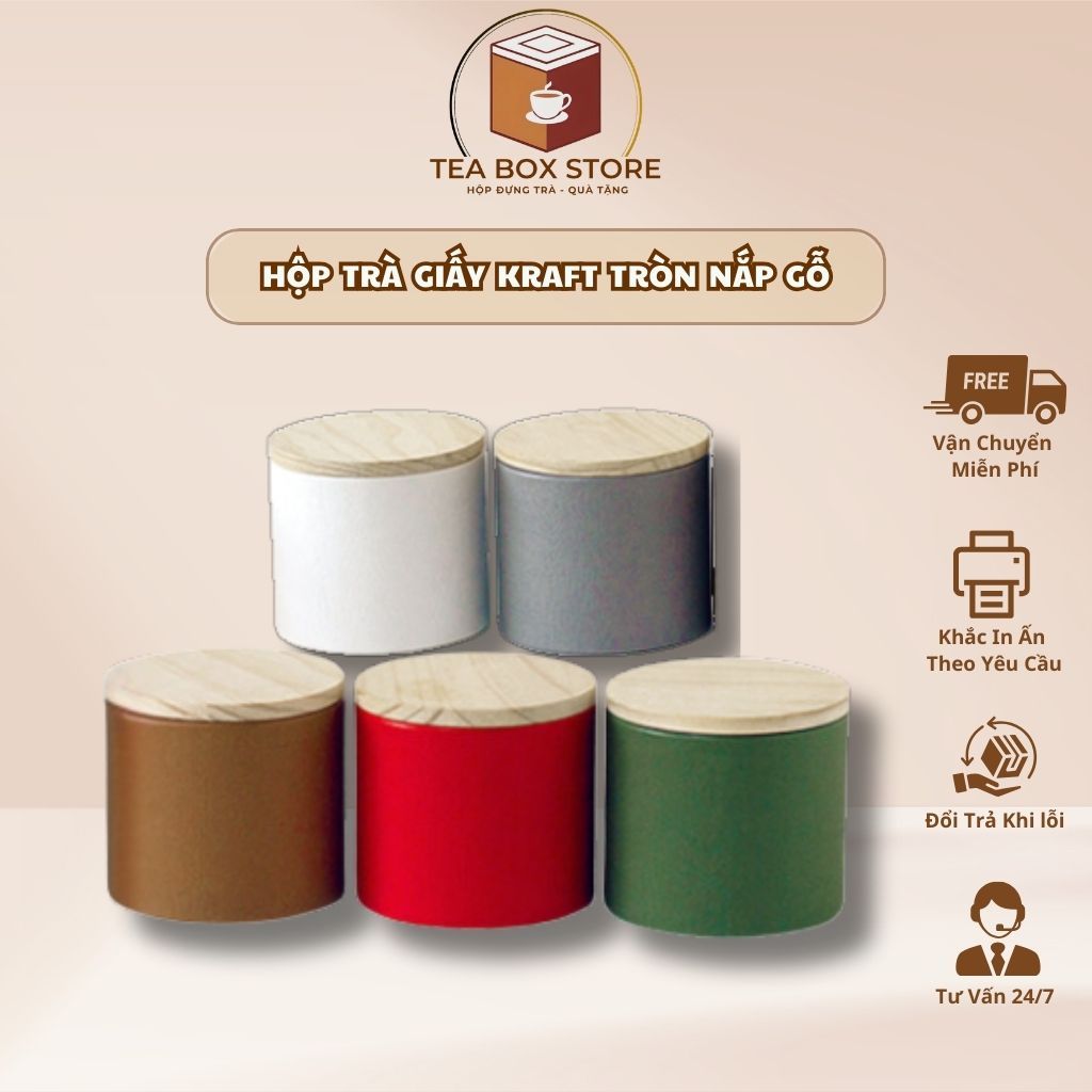 กระดาษคราฟท์ทรงกลมคุณภาพสูง TEA BOX พร้อมฝาไม้สีสันสดใส - TEA BOX