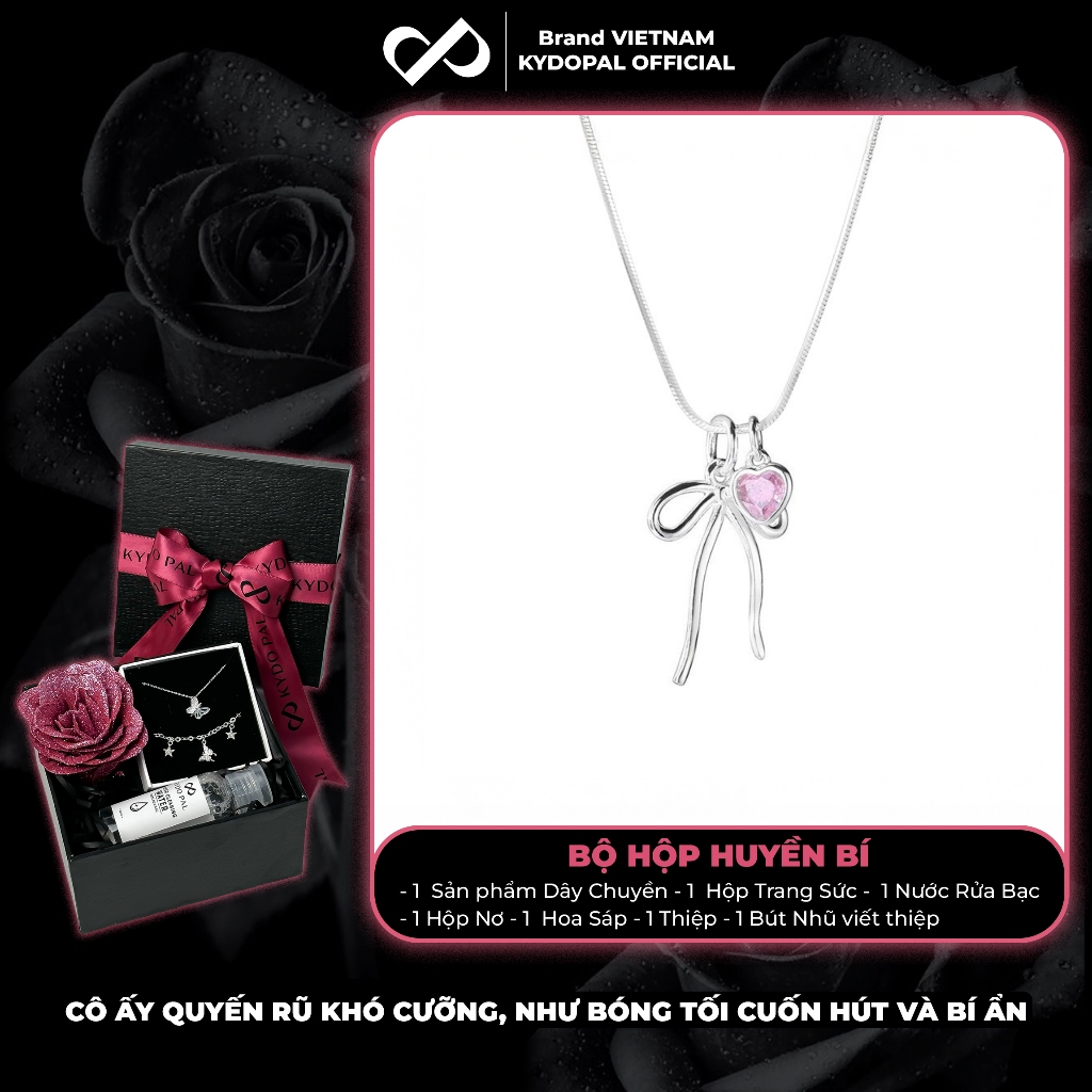 KYDOPAL สร้อยคอเงินผู้หญิง สร้อยคอบะหมี่ส่วนบุคคลพร้อมจี้รูปโบว์เรียบผสมหินหัวใจสีชมพูน่ารัก - PAL9C