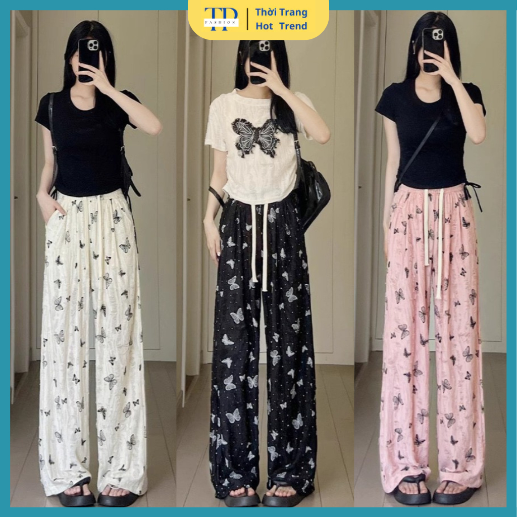 TP-Shop กางเกงขากว้างผู้หญิง rhinestones ผ้าขาดปักลายสวยสุดๆ