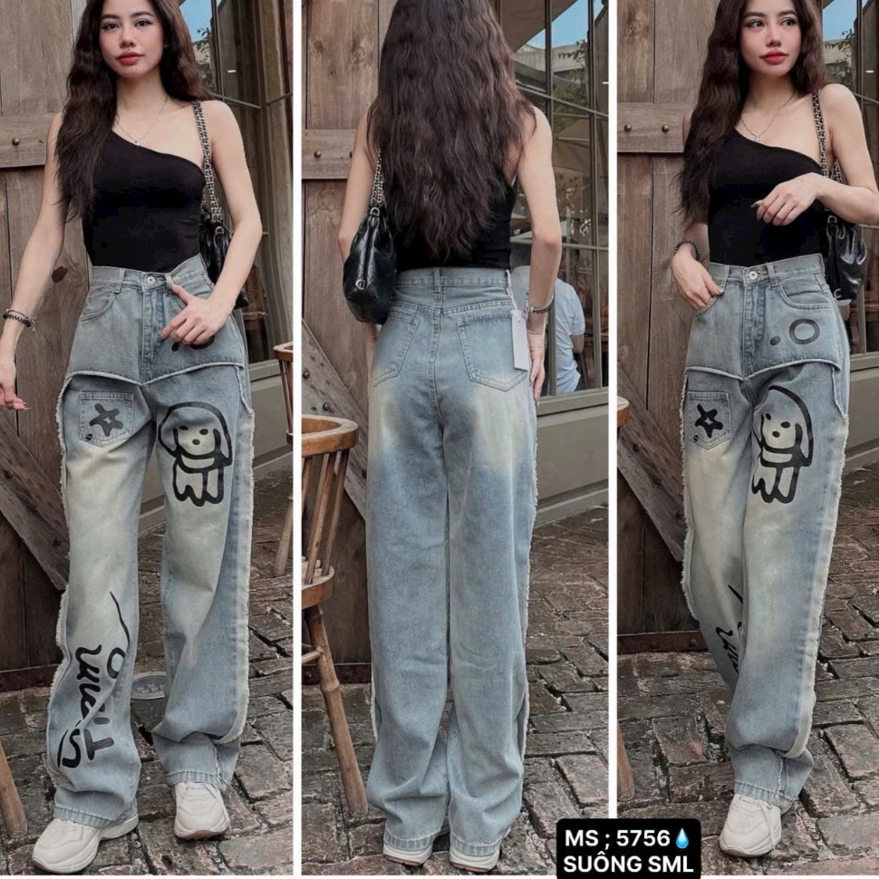 กางเกงยีนส์ผู้หญิง Unisex คุณภาพสูง EMBROIDERED BLUE WIDE-LET COW - DUBAI FASHION