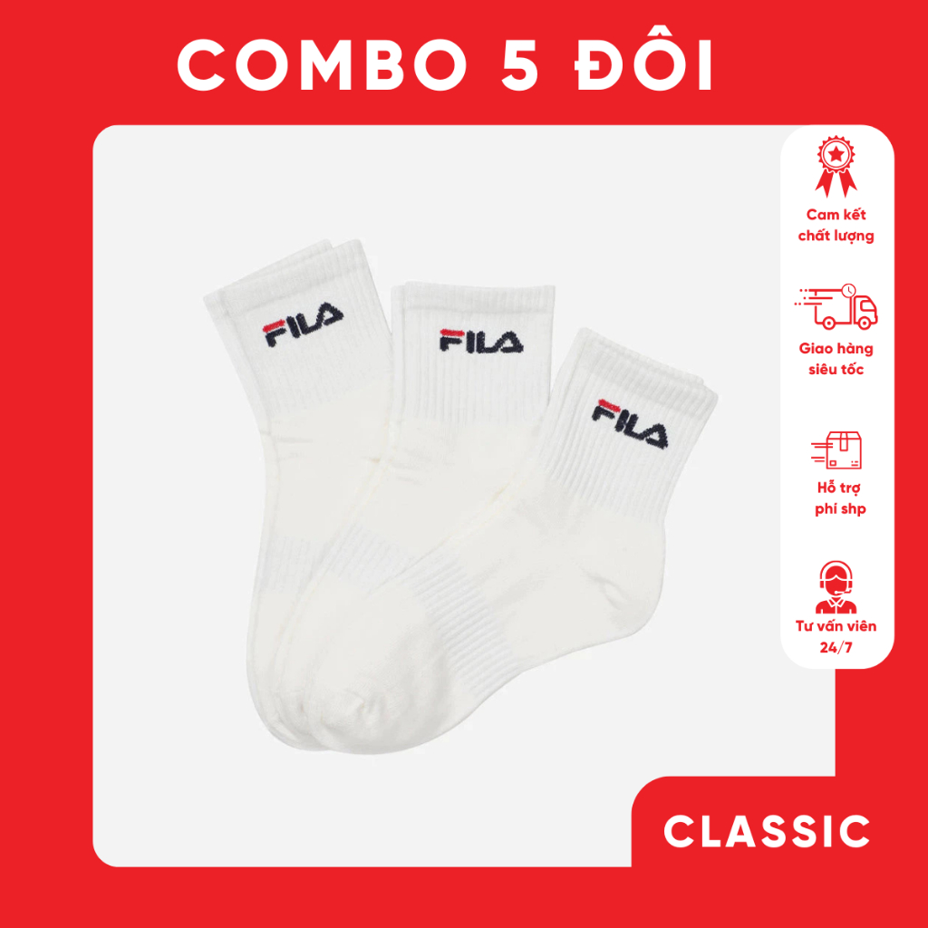 FILA ฟิลา ถุงเท้าคอสูงผู้หญิงทอด้วยผ้าฝ้ายยืด 4 ทาง - ถุงเท้ายาวพื้นฐานกอดเท้านุ่ม ไม่จํากัดเพศ ชุด 5 คู่