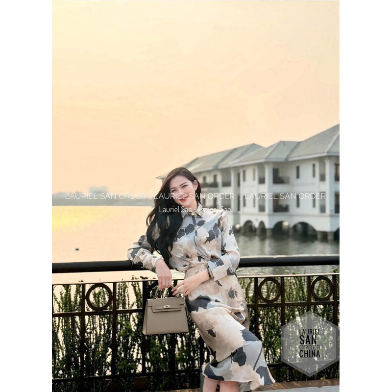 (มีกระโปรง XS) KASLEAD Set เสื้อและกระโปรง Silk Chiffon Chrysanthemum Pearl with Splatter Pattern