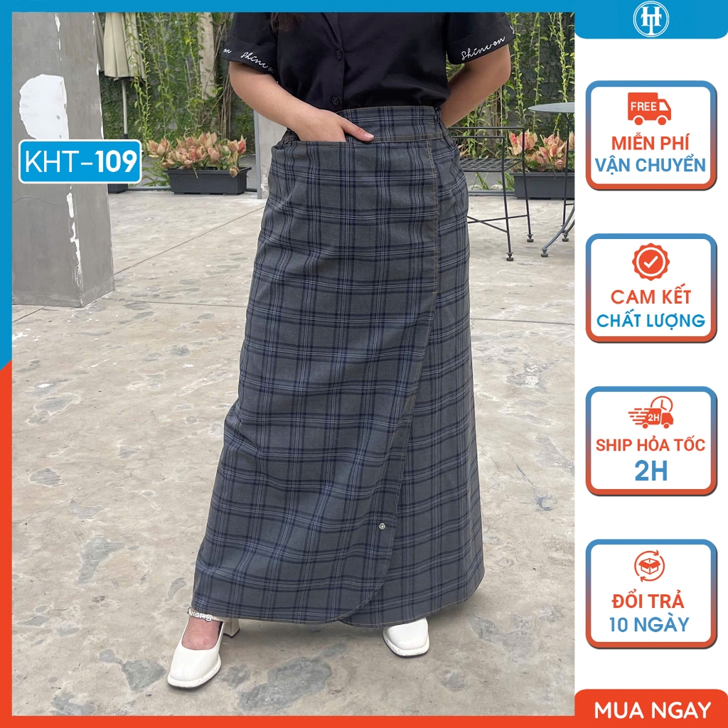 KHT109 กระโปรงกันแดดผ่าสีกากีผ้าคอตตอนเนื้อนุ่มเย็นมีกระดุมขาสะดวก H&T FASHION