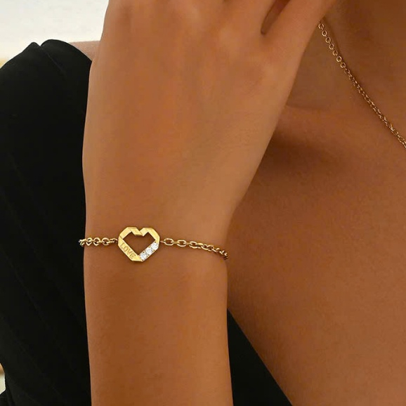 กําไลข้อมือและสร้อยข้อมือชุบทองสแตนเลสรูปหัวใจแกะสลักแฟชั่นสําหรับผู้หญิง MY-SL6707-G | 19STORE |