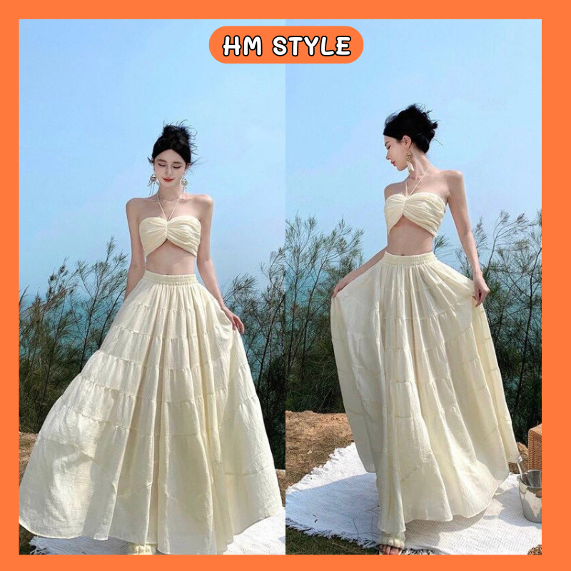 ชุดเซท แม็กซี่เดรสไปทะเล เสื้อไหมพรมย่นคล้องคอ แหวกเอว ผสมกระโปรงบานเอวสูง HB704