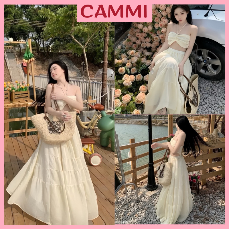 ชุดกระโปรงยีนส์ชายหาดผ้าไหมริ้วรอยรวมเสื้อสายเดี่ยว 2 ชิ้น + กระโปรงยาวหลายชั้น HB704