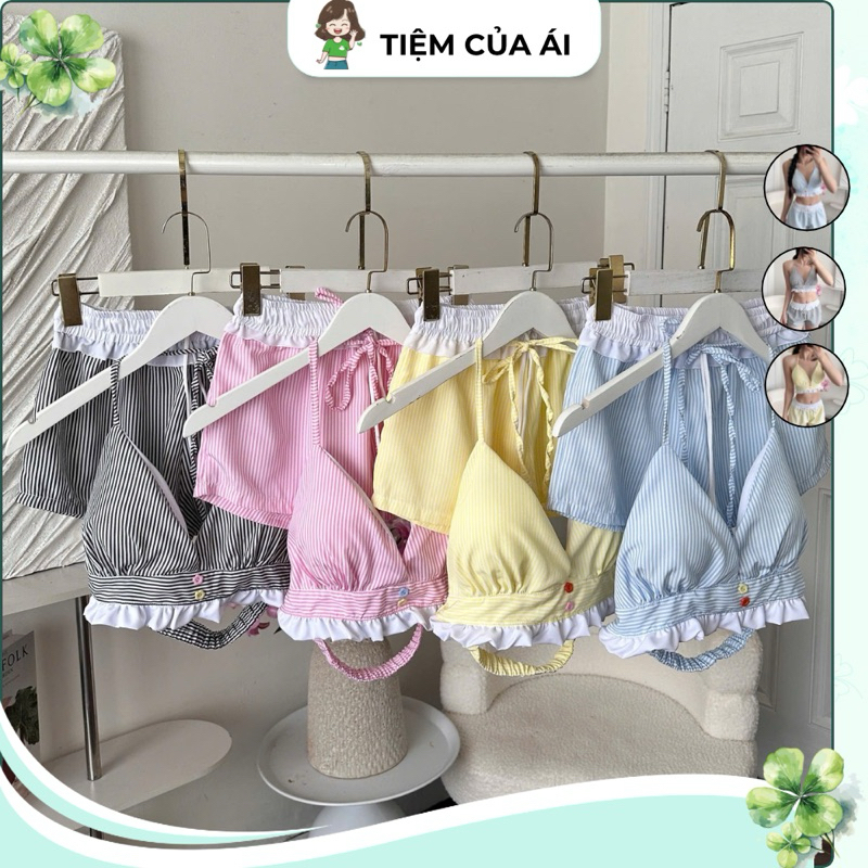 (มีไซส์) Kate Striped Ruffle Beach Bra and Drawstring Shorts Set