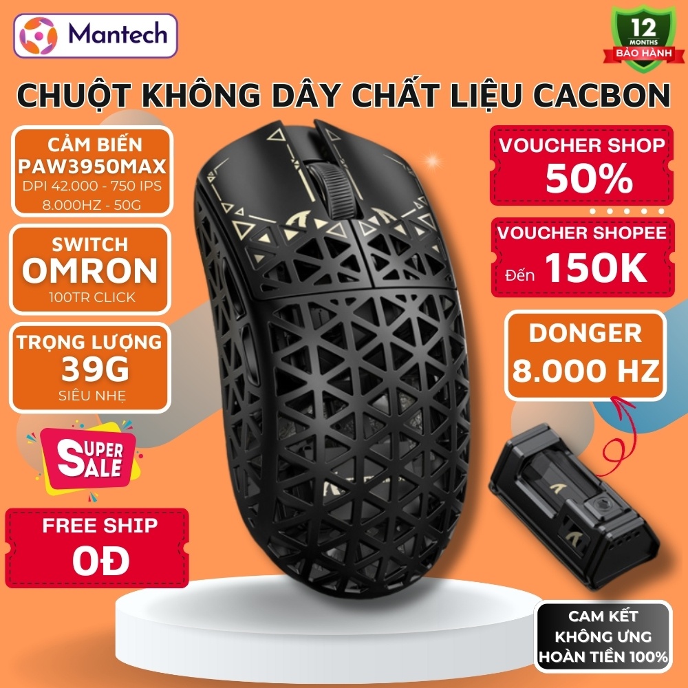 Chuột Gaming Attack Shark R5 Ultra - PixArt PAW3950MAX, 42.000 DPI, Siêu Nhẹ 39g, Donger 8.000Hz