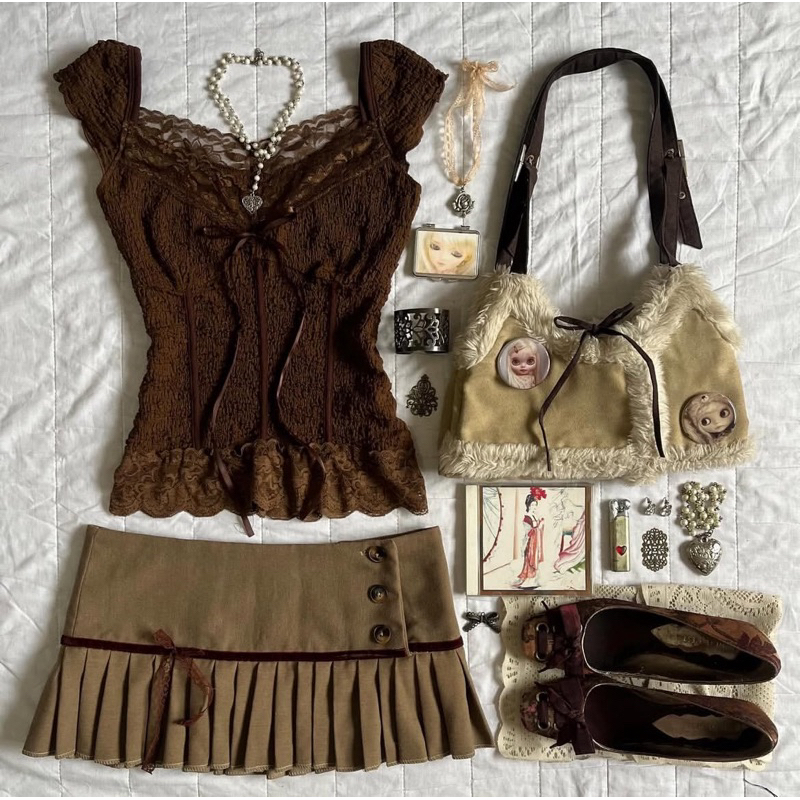 ⋆. เสื้อ Chocolat: Y2k vintage milkmaid แขนสั้นลูกไม้ยาวโบว์สีน้ําตาลโมริ kei igari coquette สําหรับ