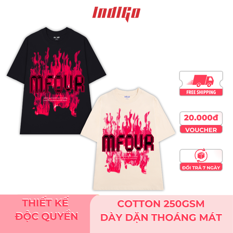 INDIGO MFOUR เสื้อยืดผู้ชายและผู้หญิง unisex เสื้อยืดคอกลมหลวมทําจากผ้าฝ้ายหนาและเท่ TS009