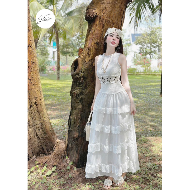 Maxi ออกแบบด้วยลูกไม้แขนกุดสีขาวและแอพลายดอกไม้ -Jolie Store