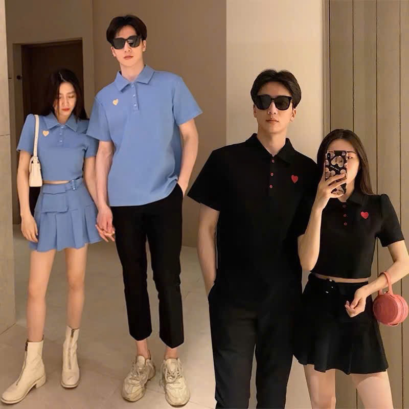 คู่ชายหญิง ชุด เสื้อครอป+กระโปรงผู้หญิงและเสื้อยืดคอเต่าผู้ชาย
