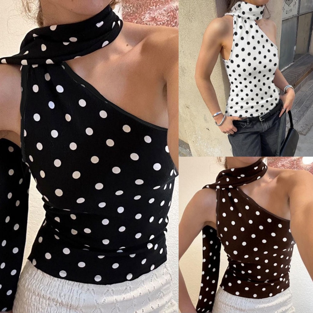 (AVAILABLE) เสื้อคล้องคอแขนกุดเปิดไหล่ลายจุดสีดํา สีขาว สีน้ําตาล ASN042 - Tiktik