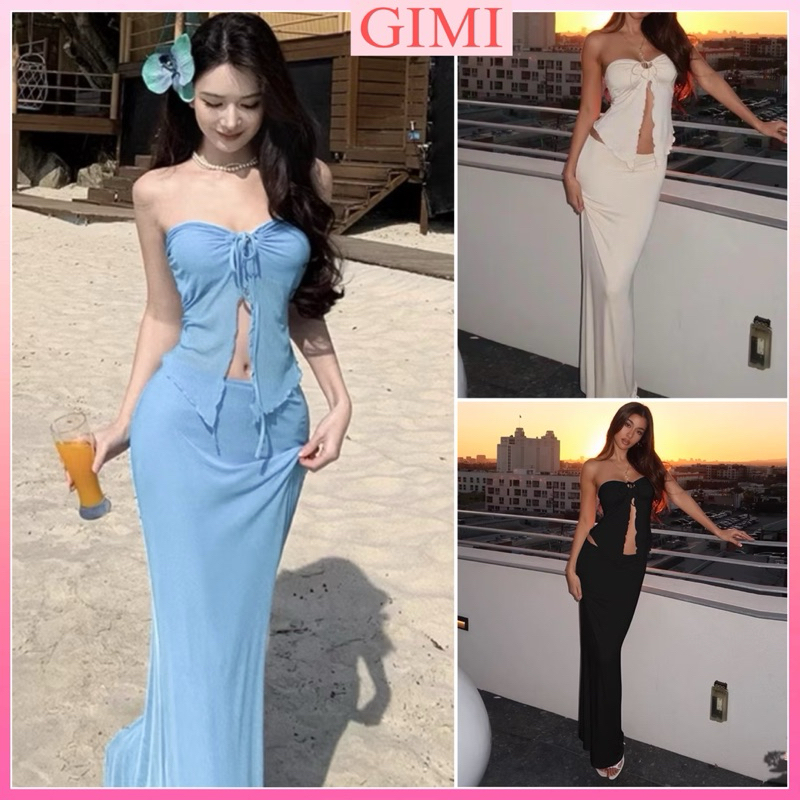 [6 สี] BEACH SET BREAST CUP BRA WITH MAXI FISH TAIL SKIRT WITH GIMI LEM (รวมภาพถ่ายจริง)
