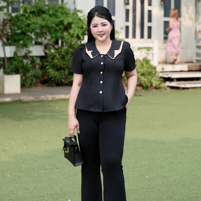 เสื้อเชิ้ตผู้หญิง Bigsize Peplum ดีไซน์คอปก 2 ชั้น 50-90kg มีหลายสีให้เลือก - LUCY Bigsize (LC24-207