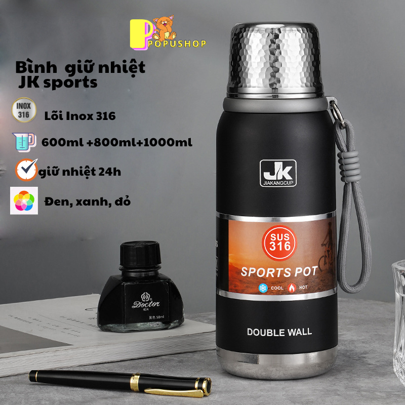 JK Sports กระติกน้ําร้อนความจุ 600ml 800ml 1000ml พร้อมฝาปิดสําหรับถ้วยดื่มที่สะดวก