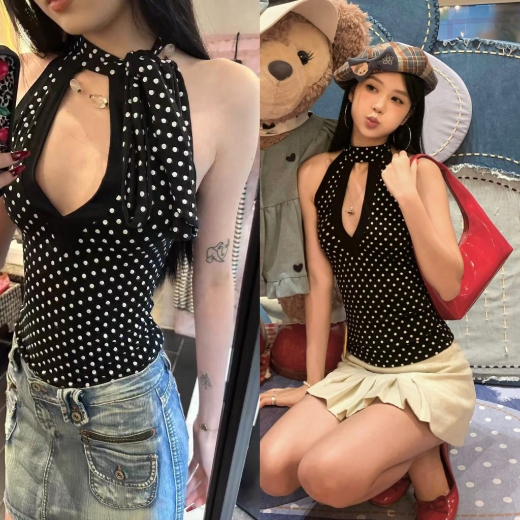 (AVAILABLE)เสื้อกล้ามคอลึกลายจุดสีดํา ASN035 - Tiktik