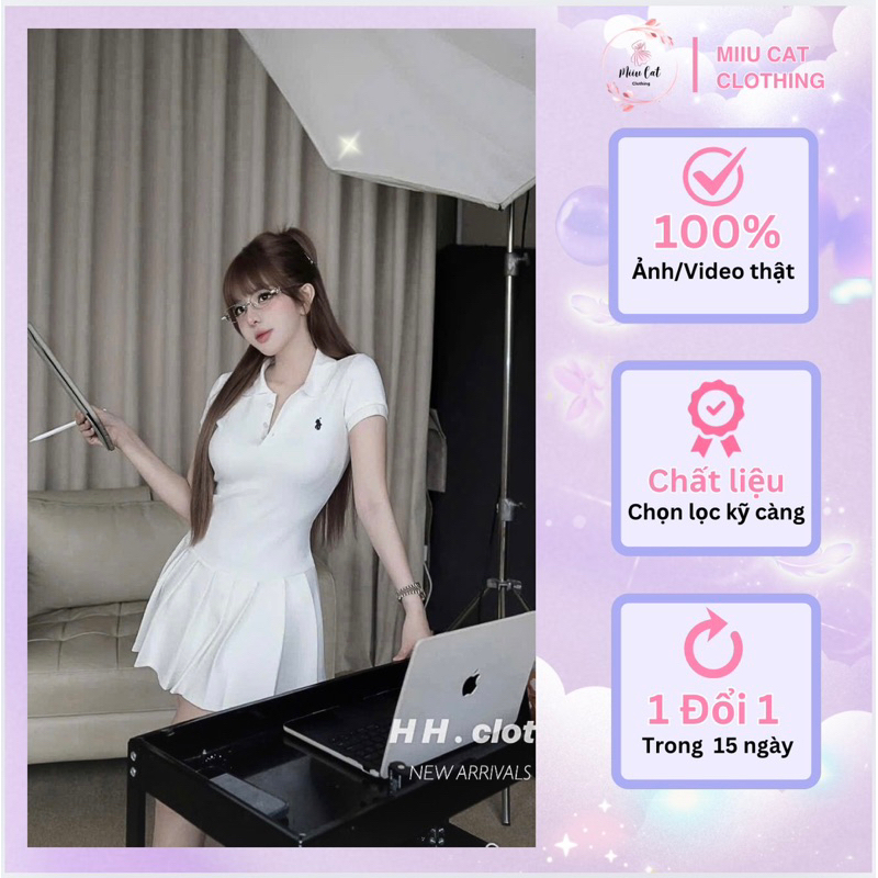 Umi QCC L1 ชุดสตรีคอปกโปโลเย็บปักถักร้อยม้าพร้อมผ้าพันคอกะลาสีและกระโปรงจีบสั้น Miiu เสื้อผ้าแมว