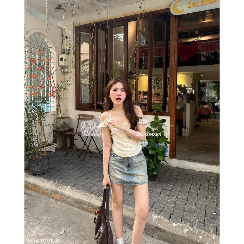 WG เสื้อปาดไหล่คอปกโบว์ XONXENSHOP PCT รหัส 3674