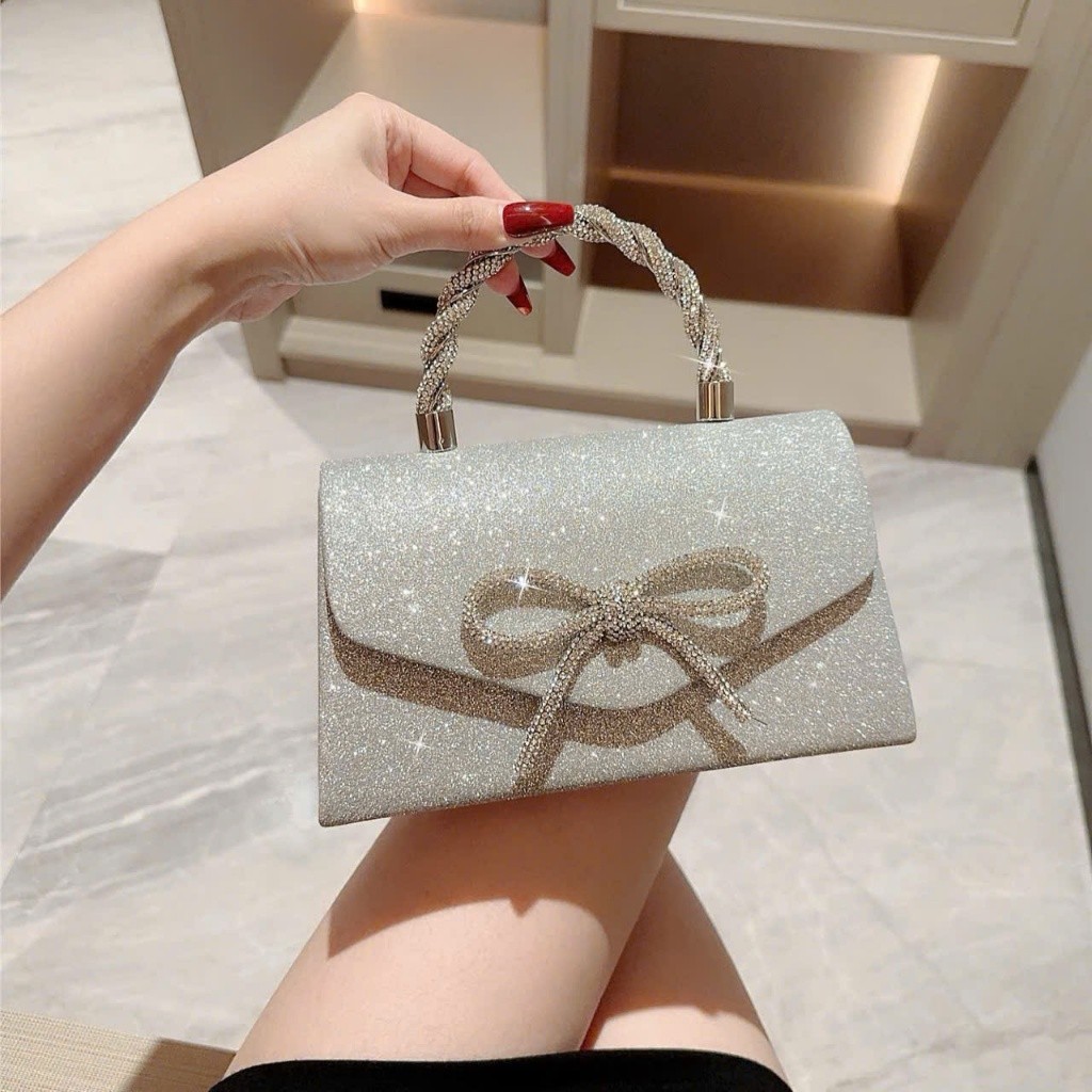 กระเป๋าผู้หญิงสุดหรูสําหรับงานแต่งงานและออกนอกบ้านด้วยโบว์ พลอยเทียม ระยิบระยับ กระเป๋าสะพายข้าง พร้อมหูหิ้ว - HT089