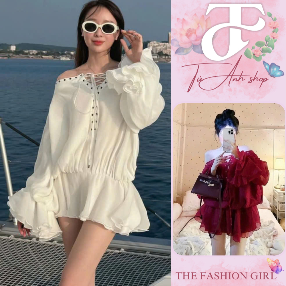 TUANHSHOP เดรส Banh Beo เปิดไหล่พร้อมดอกไม้และแขน สวย มีเสน่ห์ ผ้าไหมสีเบจสุดหรู ชุด Banh Beo