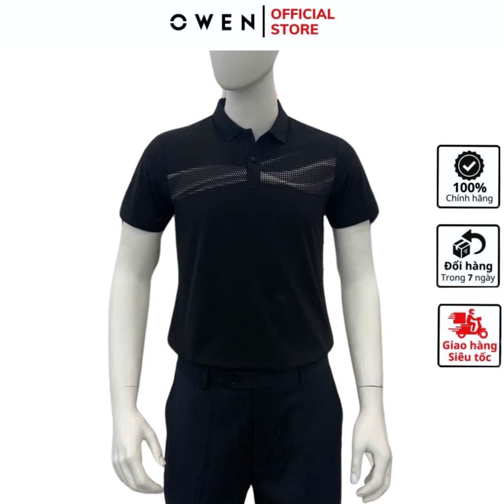 OWEN APV เสื้อโปโลแขนสั้น253627 เสื้อยืดคอปกเปิดลงสีดําสําหรับผู้ชายผ้าฝ้ายพิมพ์ลายเนื้อนุ่มคุณภาพสู