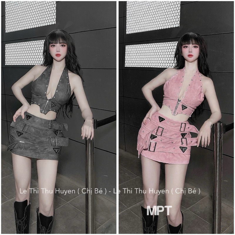 ชุดเสื้อสายเดี่ยวหนังผสมกระโปรงสั้นพร้อมเข็มขัดบุคลิกภาพ MPT