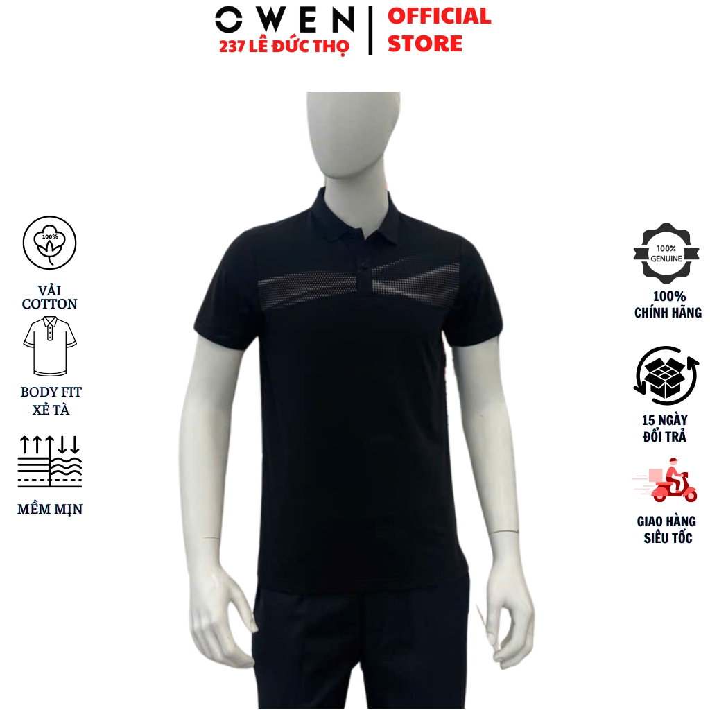 OWEN APV เสื้อยืดคอเต่า253627 โปโลแขนสั้นผู้ชายสีดําพิมพ์ลายผ้าฝ้ายเนื้อนุ่มคุณภาพสูงเสื้อยืดเข้ารูป