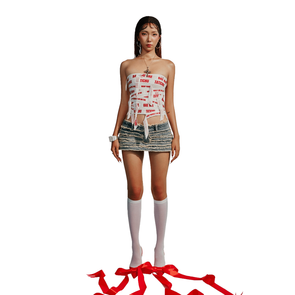 TATICHU - BAE Distressed Jeans Mini Skirt - กระโปรงยีนส์สั้นและพู่