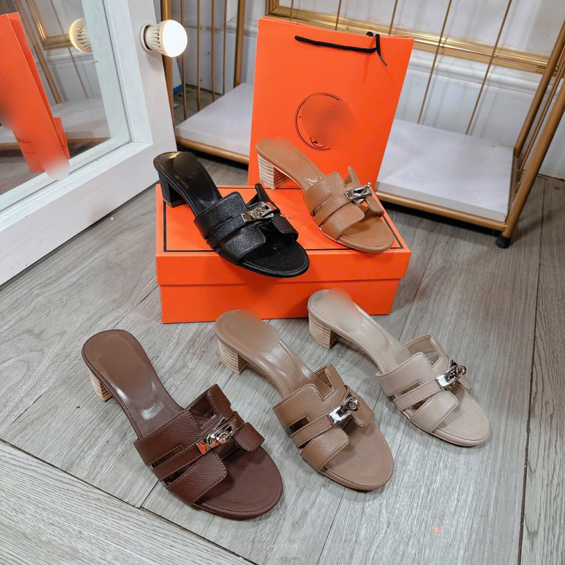 (777) QCCC 5p รองเท้าส้นสูงหนังผสมครอสล็อครองเท้าอุดตัน ครบกล่อง มีให้เลือก 6 สี