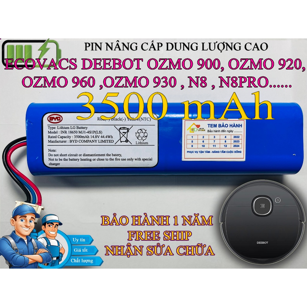 แบตเตอรี่ความจุสูง VACUUM ROBOT ECOVACS DEEBOT OZMO 900, OZMO 920, OZMO 960 ,OZMO 930 , N8 , N8PRO