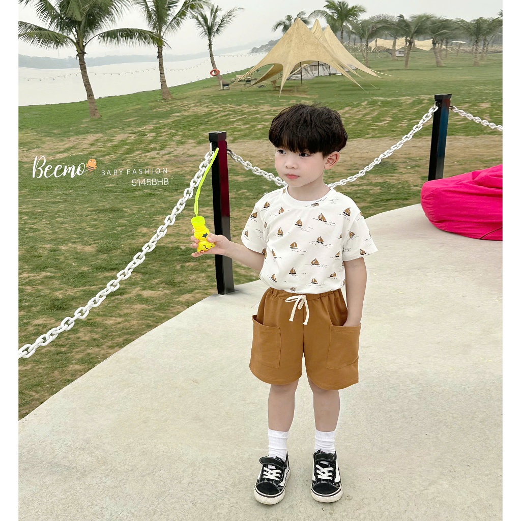 Beemo sleeveless Set พิมพ์ลายเรือ ผ้าคอตตอนเท่ๆ สําหรับเด็กผู้ชาย ตั้งแต่ 9-24kg 5145BHB