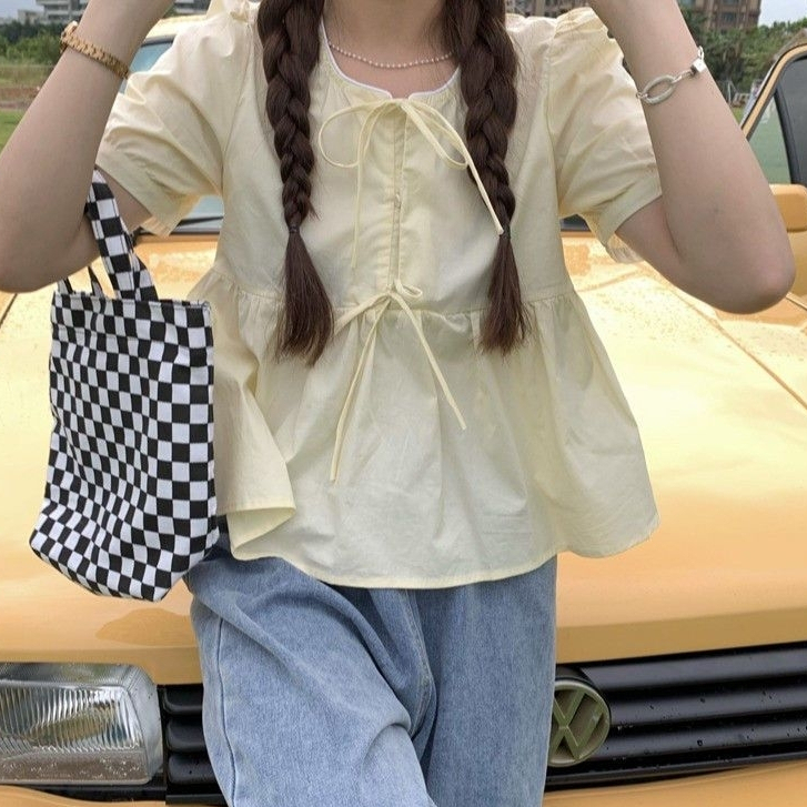 เสื้อเชิ้ต babydoll สีเหลืองพาสเทล คอกลม และแขนโบว์ A108 สินค้าสวยๆ Kenco.clothing M2091