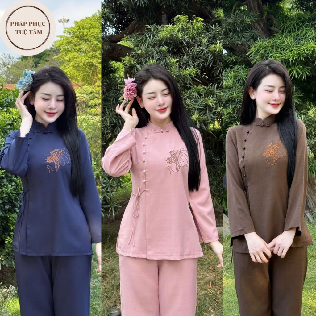 [ใหม่ ผลิตภัณฑ์] ชุดวัดจีนโบราณปักโพธิ์ไทยผ้าลินิน ชุดผู้หญิงสีฟ้ากระดุมหยก ชุดวัดพุทธอ่อนสุดหรู