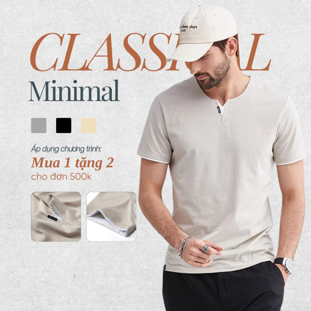 [OUTLET] เสื้อยืดคอวีผู้ชาย Minimal Camiso สไตล์เกาหลี ผ้าคอตตอน ขอบสีขาวละเอียดอ่อน CMO07