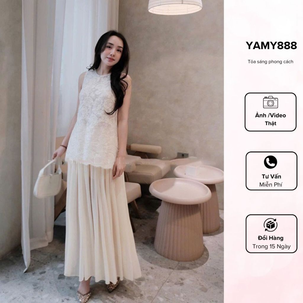 Set Floral Paper Lace Top ผสมกางเกงลงจีบหลวมสุดหรู Sb6375 - Yanmy888