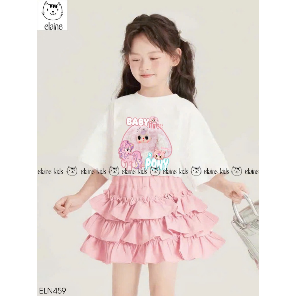 ชุดเสื้อผ้าคอตตอนผสมกระโปรงบานจับจีบพร้อมกางเกงสําหรับเด็กผู้หญิงพิมพ์ลายเบย์บีทีสินค้าเส้นคุณภาพสูง