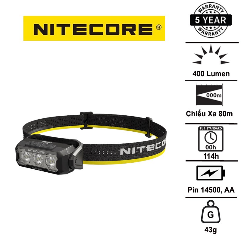 Đèn đội đầu siêu nhẹ Nitecore HA15 UHE 400 lumens pin 14500/AA