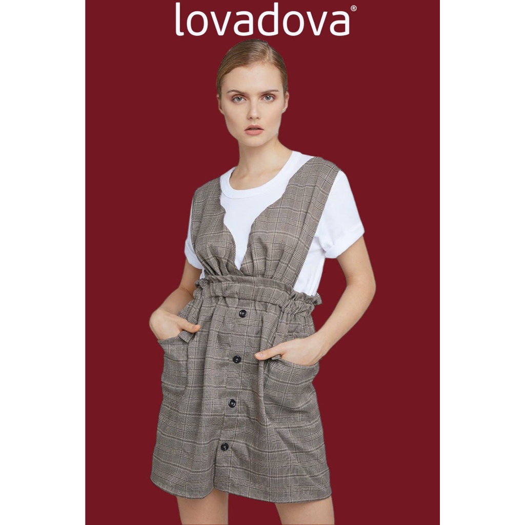 Kate Lovadova ชุดเดรสสายเดี่ยวลายตารางหมากรุกสีน้ําตาลรูปตัว V CD0810