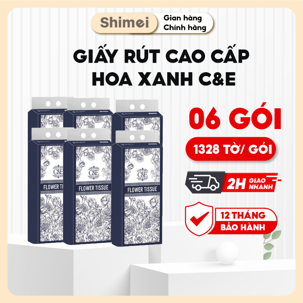 ผ้าอนามัยพรีเมี่ยมกล่อง 6 แพ็ค C&E – ลายทิชชู่ดอกไม้ รุ่นคลาสสิค (1328 แผ่น)