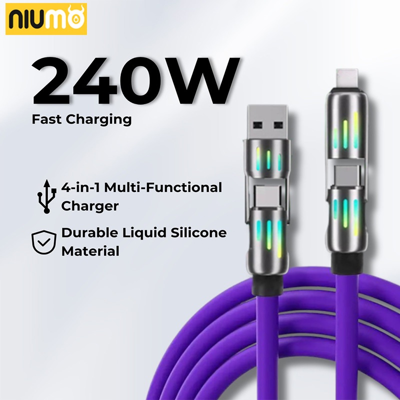 NIUMO 4 in 1 240W สายชาร์จเร็ว Type C สายเคเบิลข้อมูลโทรศัพท์มือถือพร้อมไฟเติมสีสันสดใส