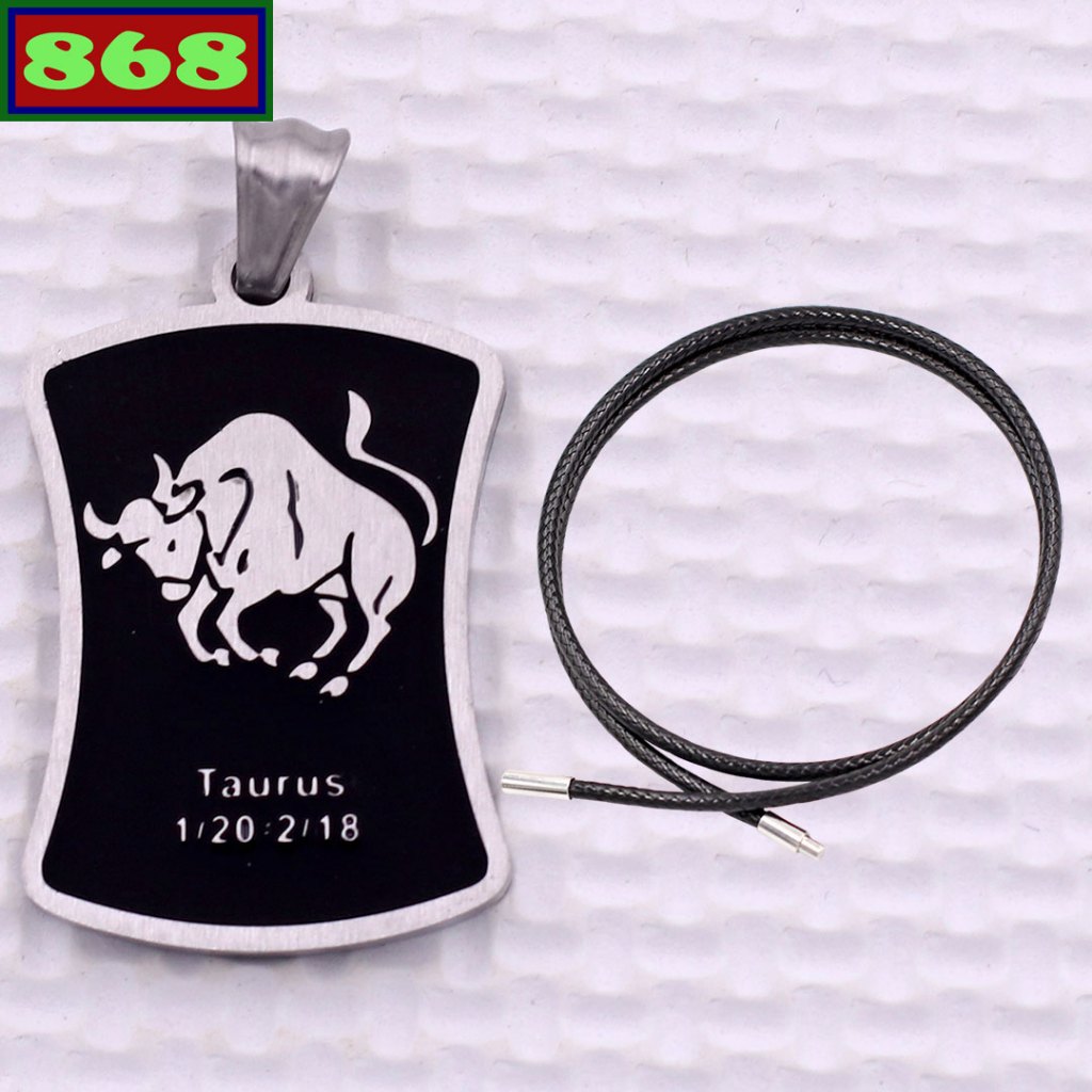 จี้ TAURUS สแตนเลสสีขาวพร้อมสร้อยคอโซ่ยางสีดํา + ตะขอสแตนเลส - ป้ายราศี