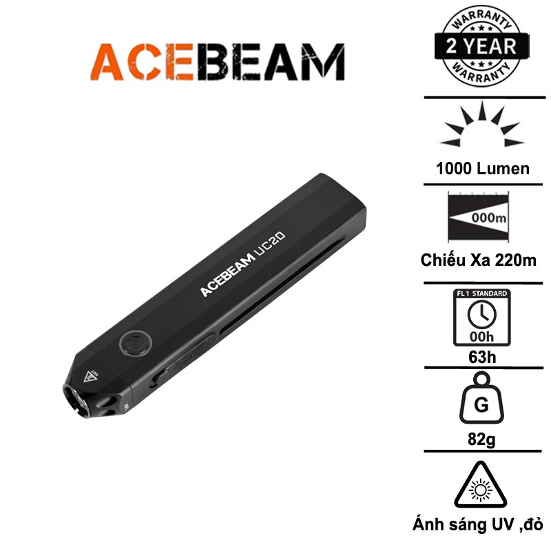 EDC ACEBEAM UC20 ไฟฉาย 1000 Lumens, ระยะลําแสง 220 ม., ไฟเสริม UV, สีแดง