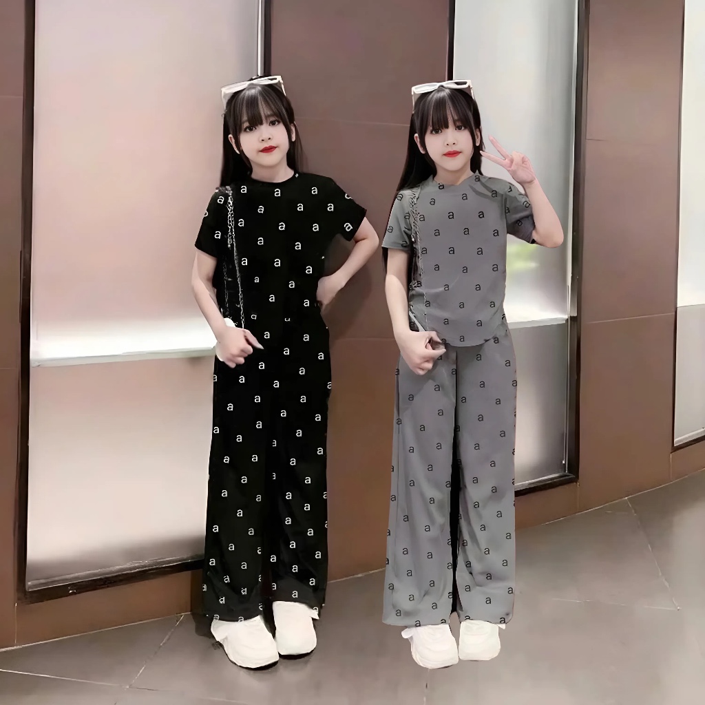 4-14 YEARS OLD ชุดเสื้อผ้าแขนสั้นสําหรับเด็กผู้หญิงผ้าเย็นพร้อมกางเกงขาม้าทรงเอ M26