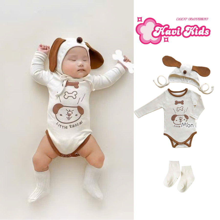 ชุดจั๊มสูทแขนยาว Body Chip พิมพ์ลายลูกสุนัข และหมวกลายลูกสุนัขน่ารักสําหรับเด็กทารก