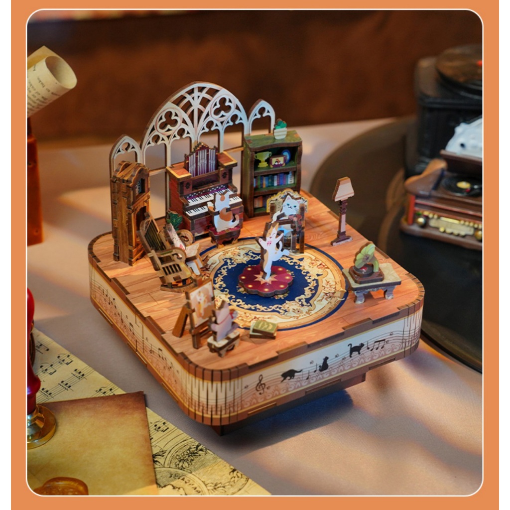 Moving 3D Wooden Model DIY Assembly Music box Music box "CAT GATHERING" TQ926 3D ของเล่นประกอบไม้
